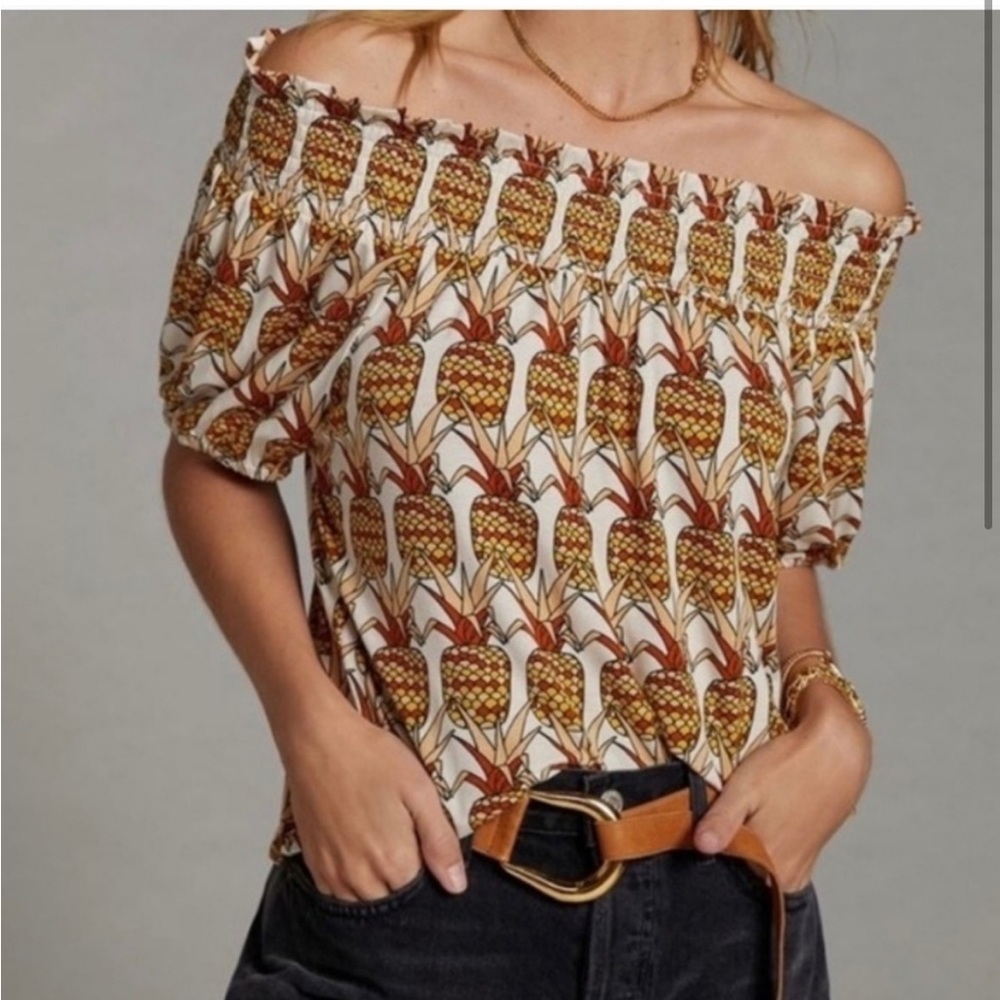 Anthropologie Pineapple Off Shoulder Top Porridge Clothing size Large (MSRP $98)